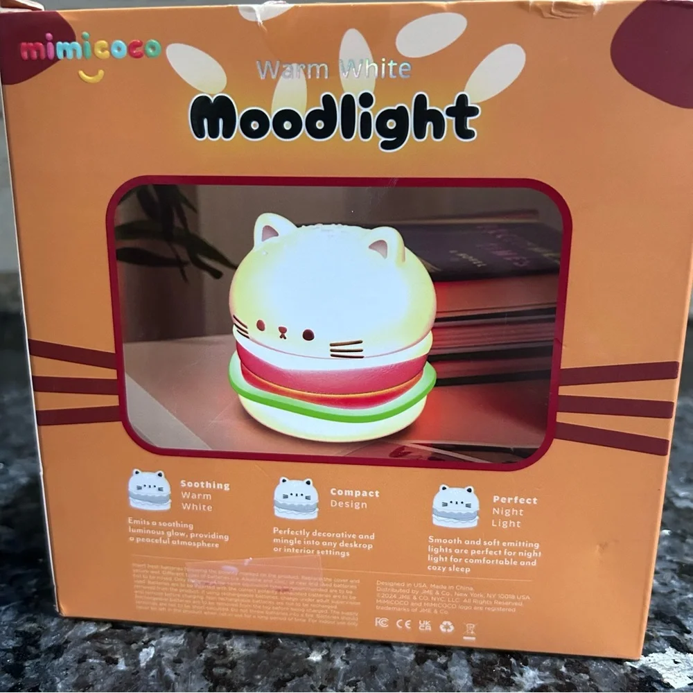 NWT Mimicoco Burger Cat Moodlight Warm White Night Light Kawaii Desk Lamp New